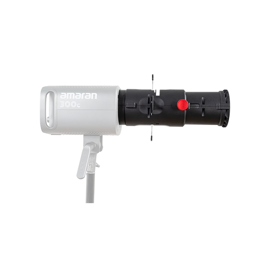 Amaran 300c studio light modifier with a white and black body, featuring a red release button and a gray stand, shown against a solid white background.