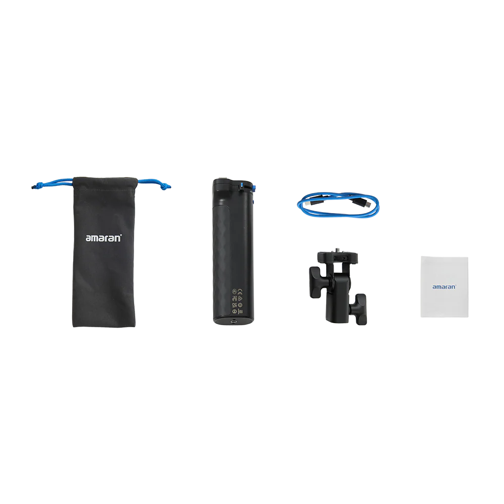 amaran peak 75 battery grip accessories including a pouch, battery pack, cable, and ball head on a white background.