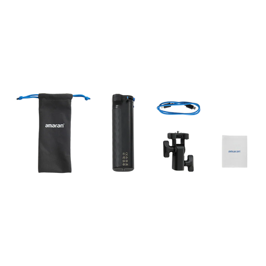 amaran peak 75 battery grip accessories including a pouch, battery pack, cable, and ball head on a white background.