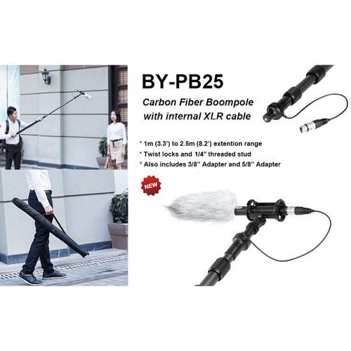 Carbon fiber boom pole with XLR cable on a white background