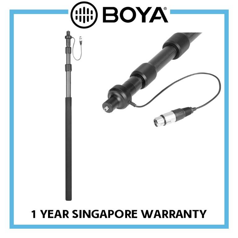Boya microphone boom pole with cable on a white background, featuring the Boya logo.
