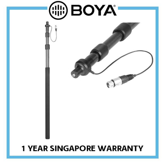 Boya microphone boom pole with cable on a white background, featuring the Boya logo.