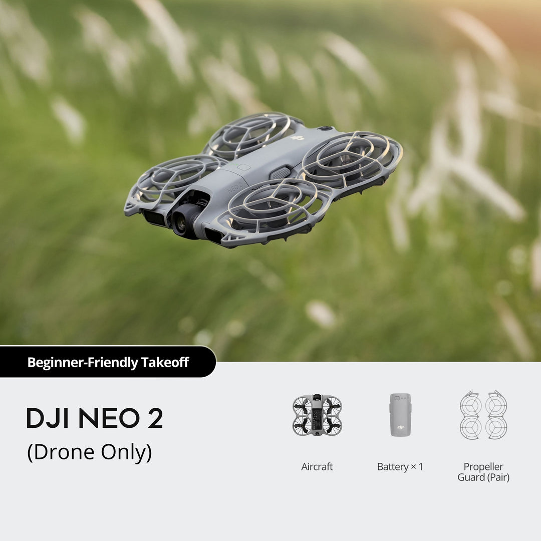 DJI NEO 2 drone in flight with grass background