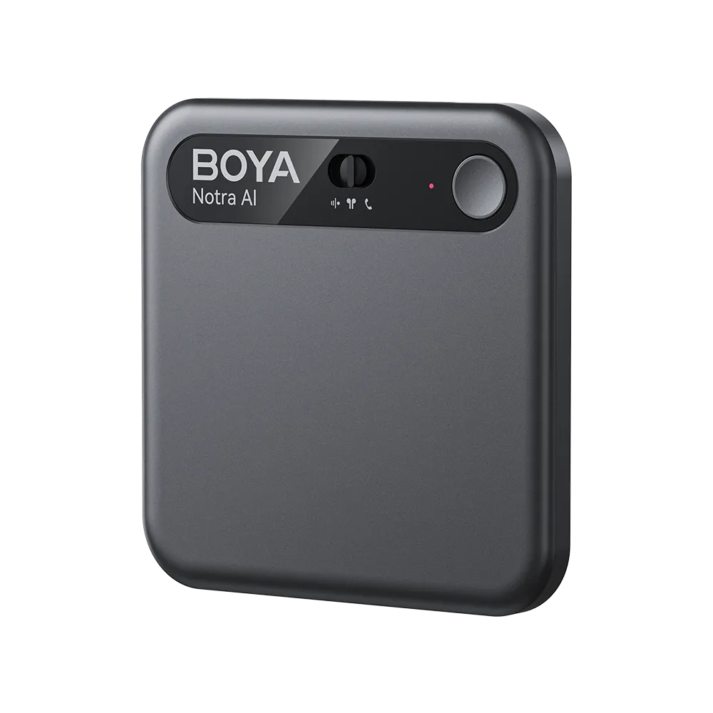 Black audio recording device with 'BOYA' branding on a white background