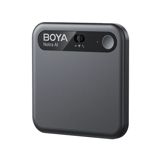 Black audio recording device with 'BOYA' branding on a white background