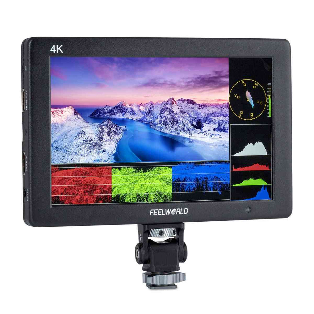 Camera monitor displaying a scenic view with 'Feelworld' branding on a white background