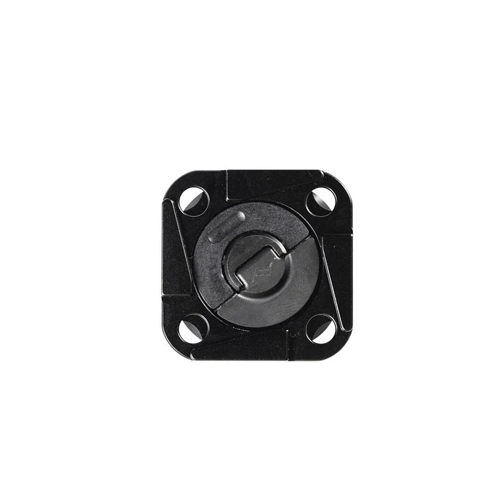 Black square metal component with circular center on a white background
