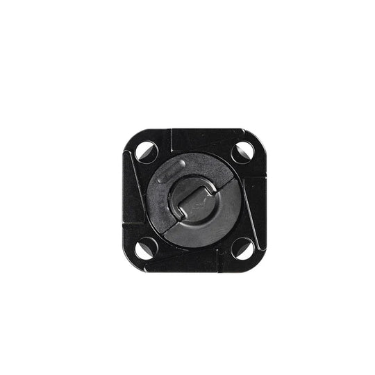 Black square metal component with circular center on a white background