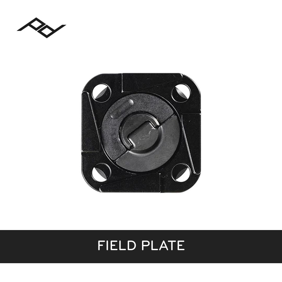 Black field plate on a white background with a peak design brand logo above it.
