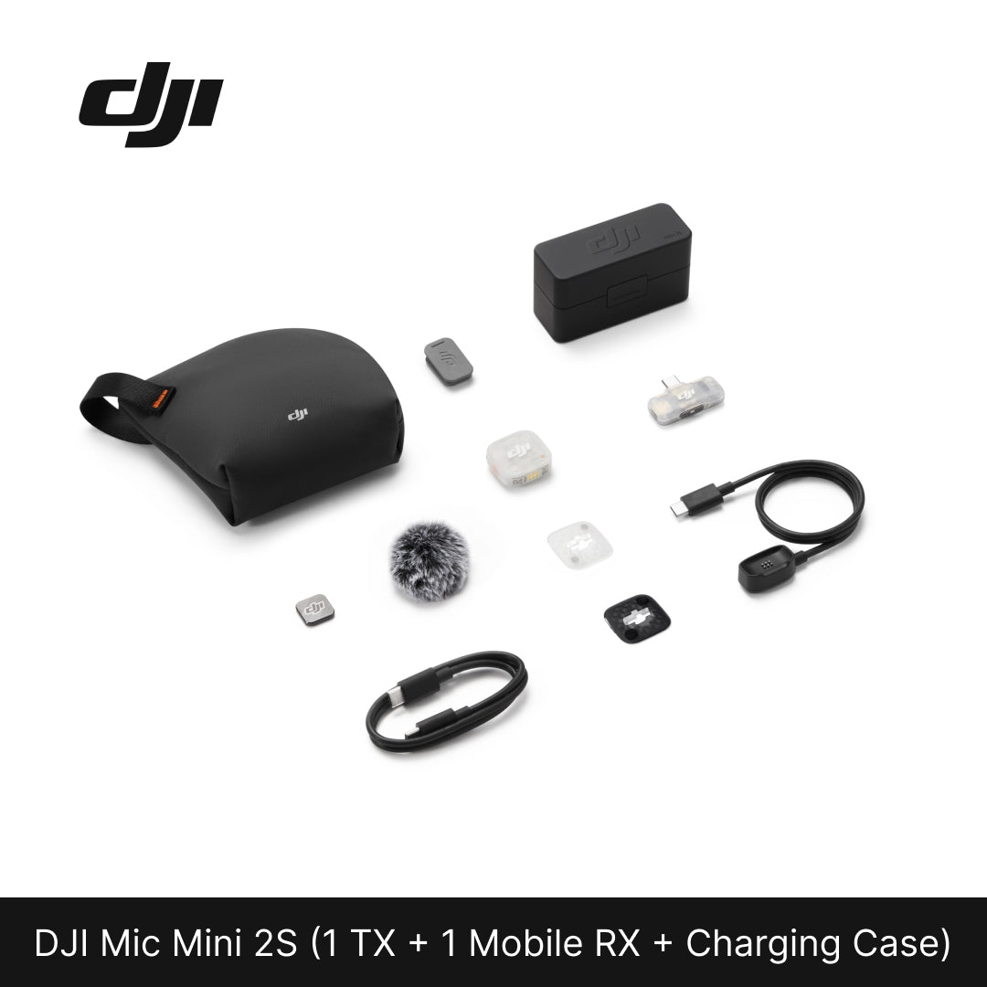 DJI Mic Mini 2S (1 TX + 1 Mobile RX + Charging Case) kit laid out, including transmitter, mobile receiver, charging case, carrying pouch, furry windscreen, cables, and magnetic clip accessories.