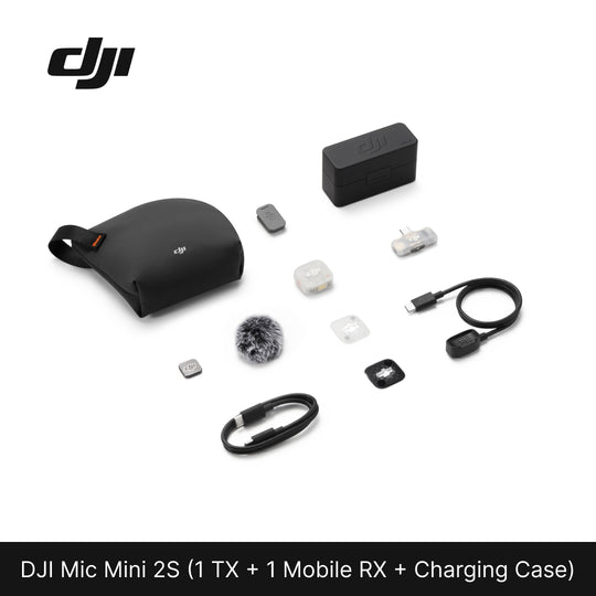 DJI Mic Mini 2S (1 TX + 1 Mobile RX + Charging Case) kit laid out, including transmitter, mobile receiver, charging case, carrying pouch, furry windscreen, cables, and magnetic clip accessories.