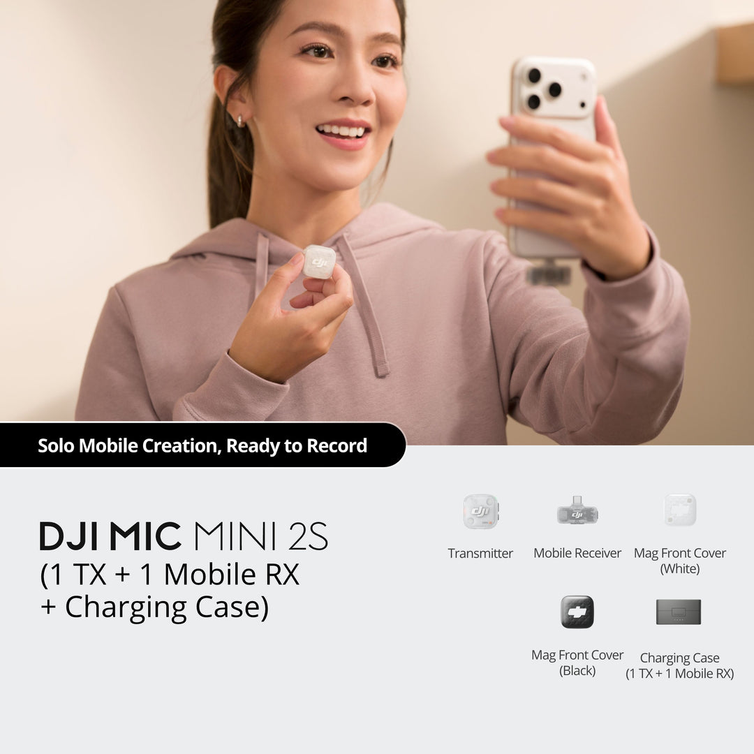DJI Mic Mini 2S combo with 1 Transmitter, 1 Mobile Receiver, and Charging Case, shown alongside a creator holding a smartphone with white and black magnetic front covers included.