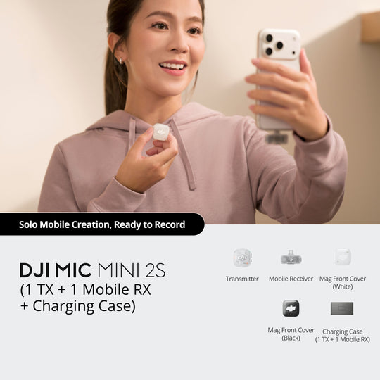 DJI Mic Mini 2S combo with 1 Transmitter, 1 Mobile Receiver, and Charging Case, shown alongside a creator holding a smartphone with white and black magnetic front covers included.