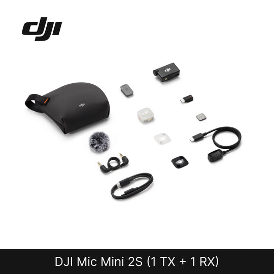 DJI Mic Mini 2S (1 TX + 1 RX) package contents spread out, including transmitter, standard receiver, carrying pouch, furry windshield, audio cables, and magnetic accessories.