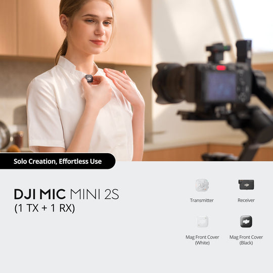 DJI Mic Mini 2S (1 TX + 1 RX) setup for solo creation showing a creator wearing the transmitter, accompanied by the receiver and magnetic front covers in white and black.