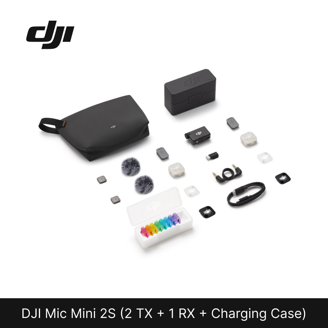 DJI Mic Mini 2S (2 TX + 1 RX + Charging Case) kit contents laid out, including 2 transmitters, receiver, charging case, pouch, furry windshields, multi-color magnetic front covers, and cables.
