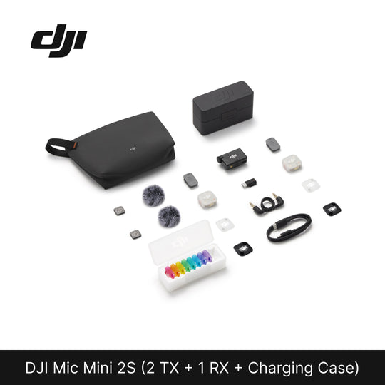 DJI Mic Mini 2S (2 TX + 1 RX + Charging Case) kit contents laid out, including 2 transmitters, receiver, charging case, pouch, furry windshields, multi-color magnetic front covers, and cables.