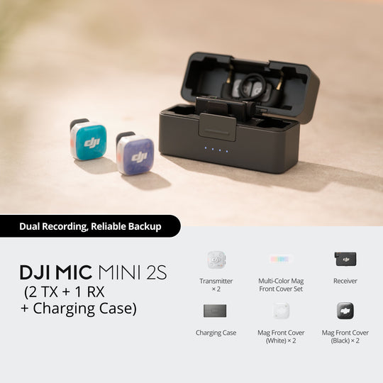 DJI Mic Mini 2S dual-channel set with 2 Transmitters, 1 Receiver, Charging Case, multi-color magnetic front covers, and additional white and black front cover accessories.