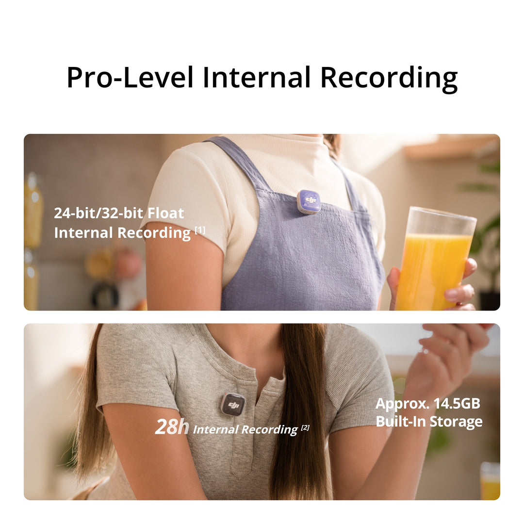 DJI Mic Mini 2S wireless microphone clipped on clothing featuring 24-bit and 32-bit float internal recording, 28 hours total capacity, and 14.5GB built-in storage.