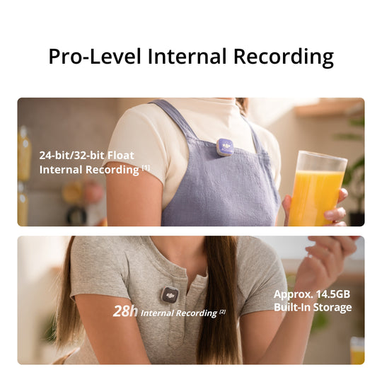 DJI Mic Mini 2S wireless microphone clipped on clothing featuring 24-bit and 32-bit float internal recording, 28 hours total capacity, and 14.5GB built-in storage.