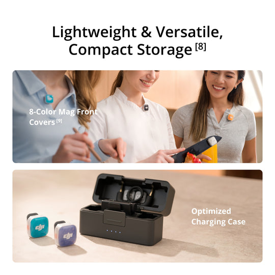 DJI Mic Mini 2S wireless microphone transmitters with interchangeable magnetic front covers worn by creators, displayed with the optimized charging case.