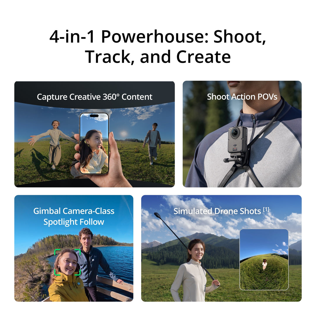 DJI Osmo 360 II 4-in-1 versatility breakdown showcasing creative 360 content, neck-mounted action POVs, gimbal-class Spotlight Follow subject tracking, and simulated aerial drone shots using an extended pole.