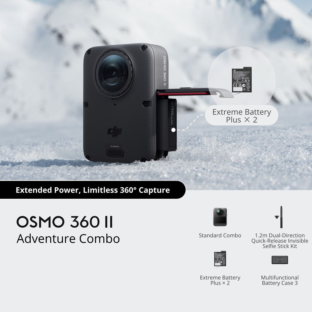 DJI Osmo 360 II Adventure Combo set including the camera, two Extreme Battery Plus units, 1.2m dual-direction quick-release invisible selfie stick kit, and Multifunctional Battery Case 3.