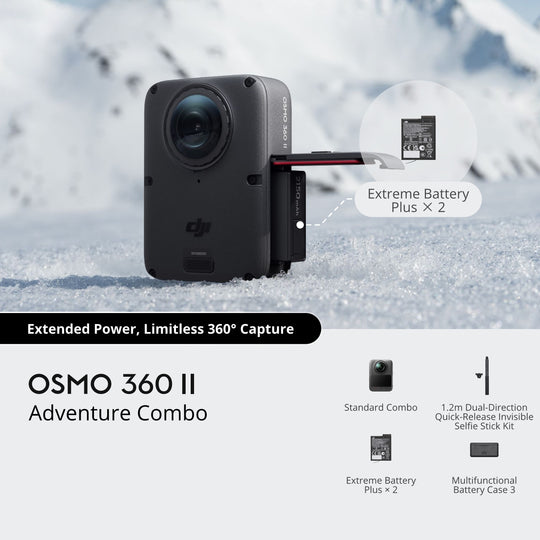 DJI Osmo 360 II Adventure Combo set including the camera, two Extreme Battery Plus units, 1.2m dual-direction quick-release invisible selfie stick kit, and Multifunctional Battery Case 3.