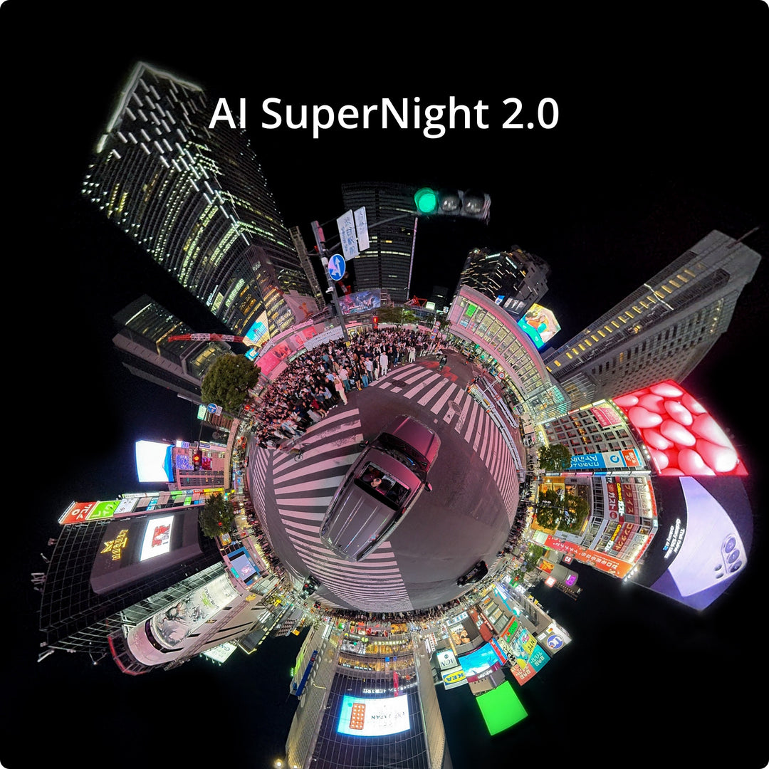 DJI Osmo 360 II AI SuperNight 2.0 mode demonstration showing a vibrant, clear 360-degree tiny planet shot of a city intersection at night with bright neon lights and sharp shadow detail.