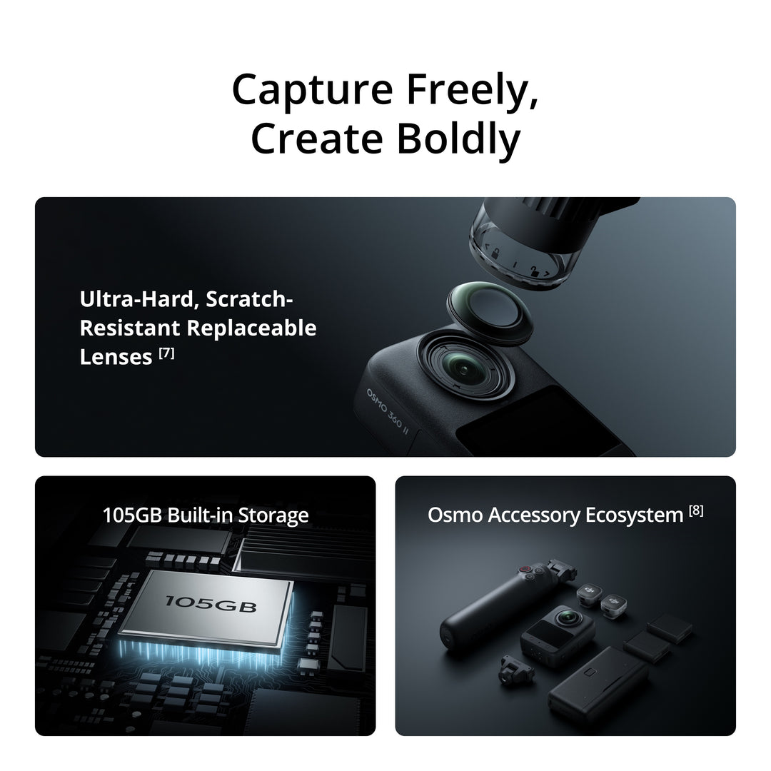 Promotional graphic for an Osmo action camera showing three feature panels: replaceable ultra-hard lenses, 105GB built-in storage, and the Osmo accessory ecosystem. Text at the top reads &