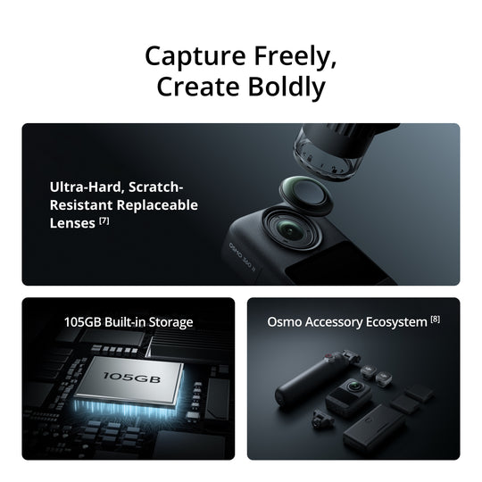 Promotional graphic for an Osmo action camera showing three feature panels: replaceable ultra-hard lenses, 105GB built-in storage, and the Osmo accessory ecosystem. Text at the top reads &