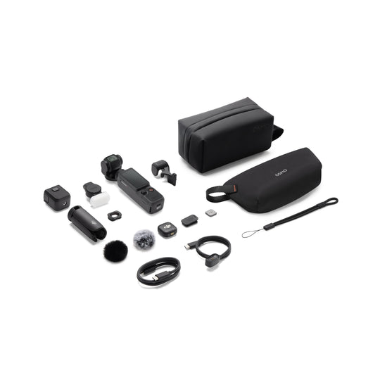 Collection of dji osmo pocket 4 accessories and carrying cases on a white background