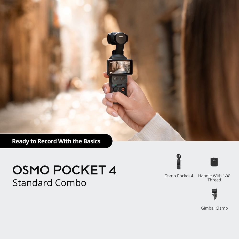 Person holding a DJI Osmo Pocket 4 camera with blurred background
