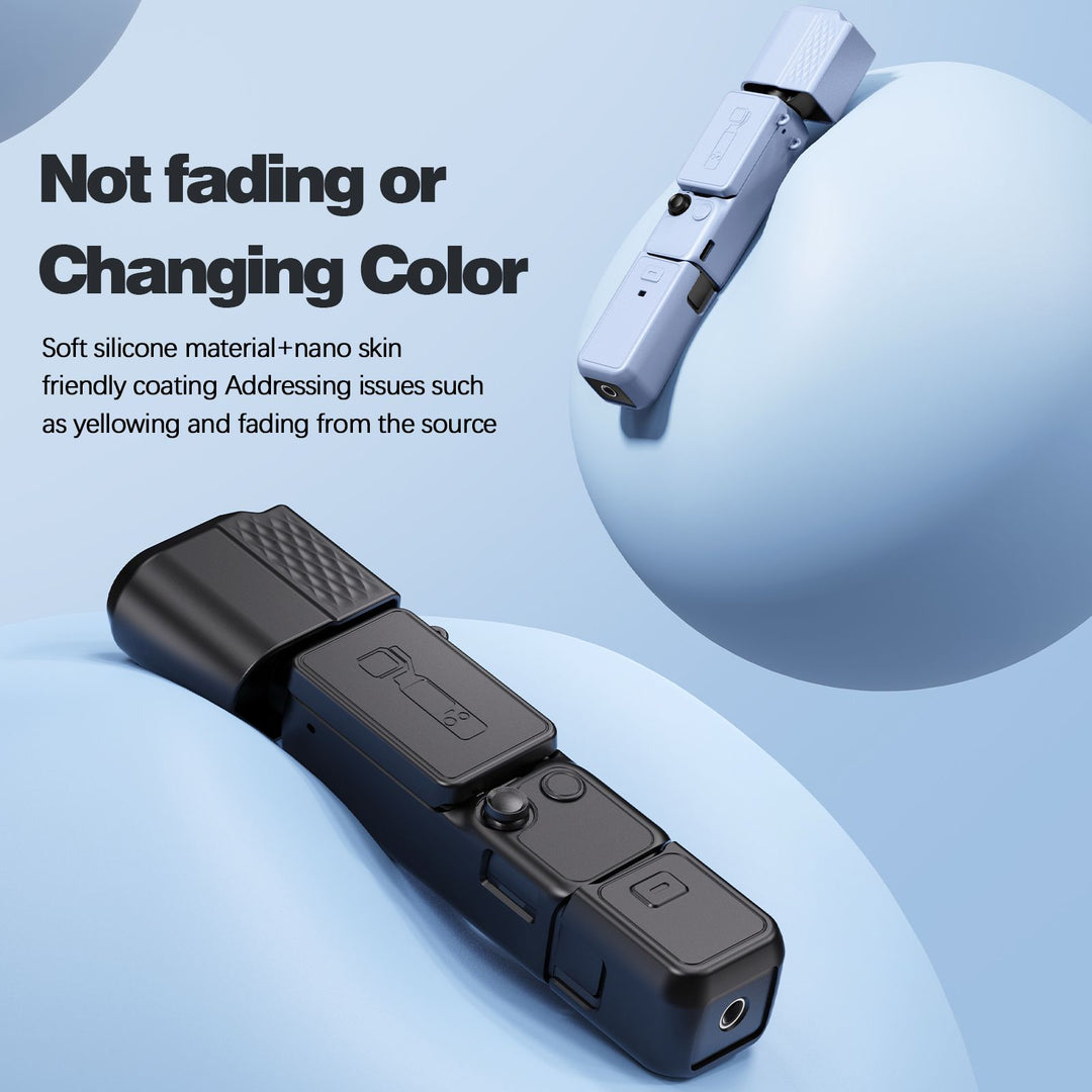 Anti-fading silicone protective cover for DJI Pocket 4, featuring soft, skin-friendly material that resists yellowing and color changes.