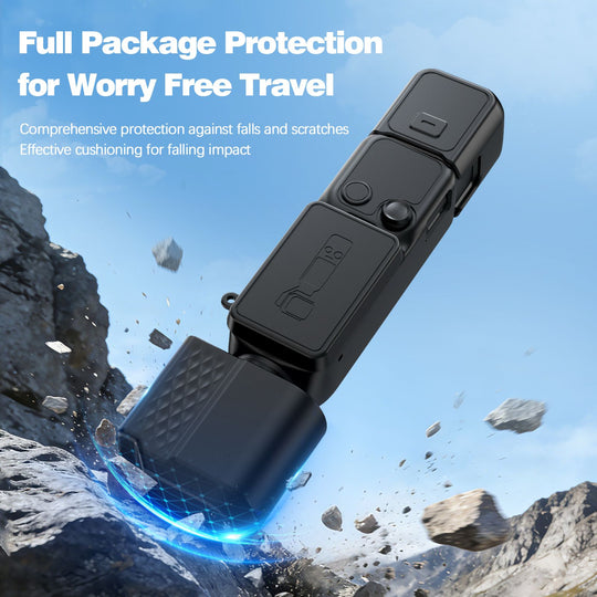 Black silicone protective cover for the DJI Pocket 4, designed for worry-free travel by providing comprehensive cushioning against falls, impacts, and scratches.