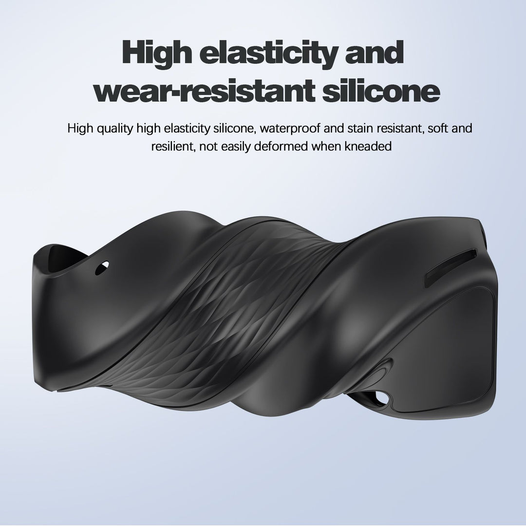 A close-up of a black silicone cover for the DJI Pocket 4, demonstrating its high elasticity, wear-resistant material that is waterproof, stain-resistant, and remains undeformed when twisted.