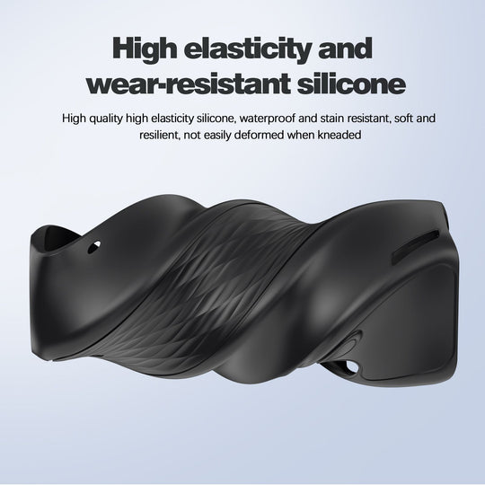 A close-up of a black silicone cover for the DJI Pocket 4, demonstrating its high elasticity, wear-resistant material that is waterproof, stain-resistant, and remains undeformed when twisted.