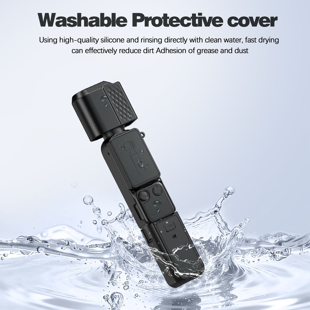 A close-up of a black silicone cover for the DJI Pocket 4, demonstrating its high elasticity, wear-resistant material that is waterproof, stain-resistant, and remains undeformed when twisted.