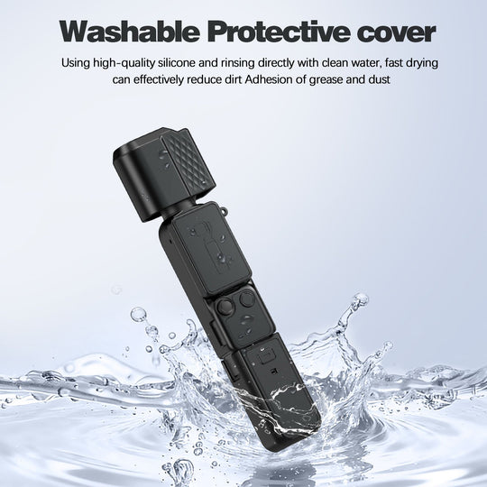 A close-up of a black silicone cover for the DJI Pocket 4, demonstrating its high elasticity, wear-resistant material that is waterproof, stain-resistant, and remains undeformed when twisted.
