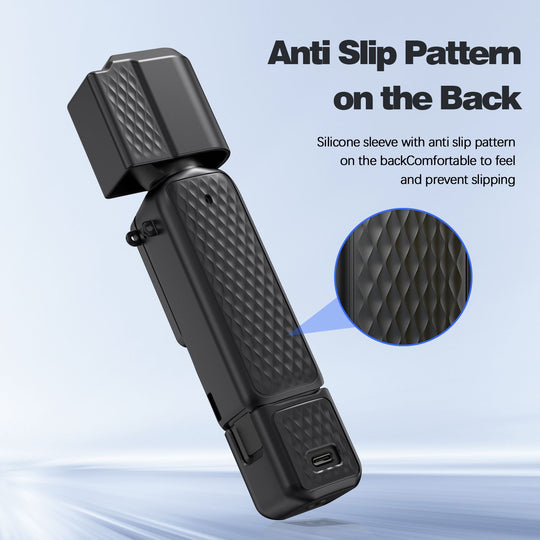 A close-up of a black silicone cover for the DJI Pocket 4, demonstrating its high elasticity, wear-resistant material that is waterproof, stain-resistant, and remains undeformed when twisted.
