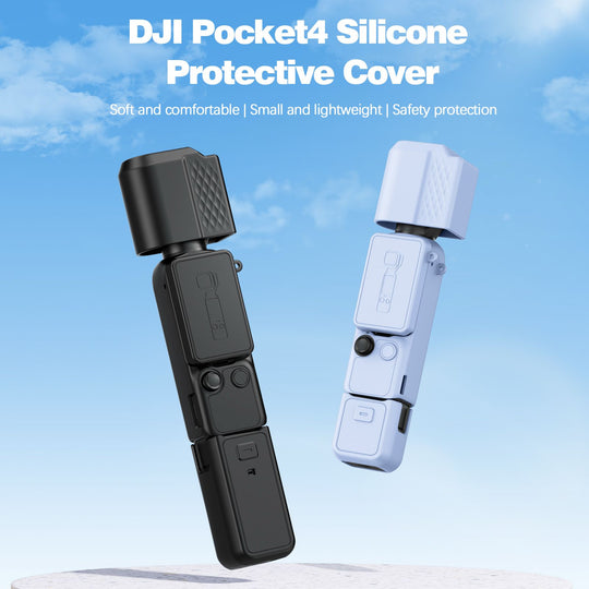 Black and light blue silicone protective covers for the DJI Pocket 4, designed to be soft, lightweight, and provide safety protection.