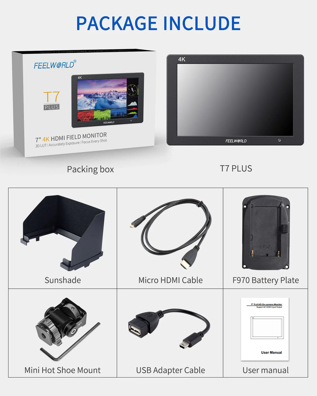 Package contents of a 7-inch 4K HDMI field monitor including packaging, accessories, and components.
