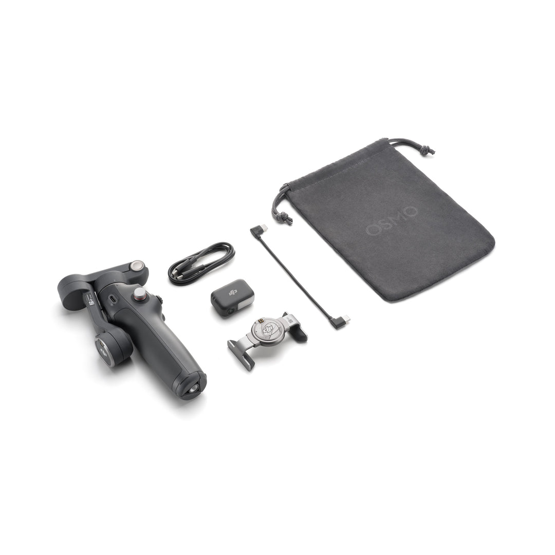 Set of DJI Osmo Mobile 8 accessories including a handle, lens, and carrying pouch on a white background