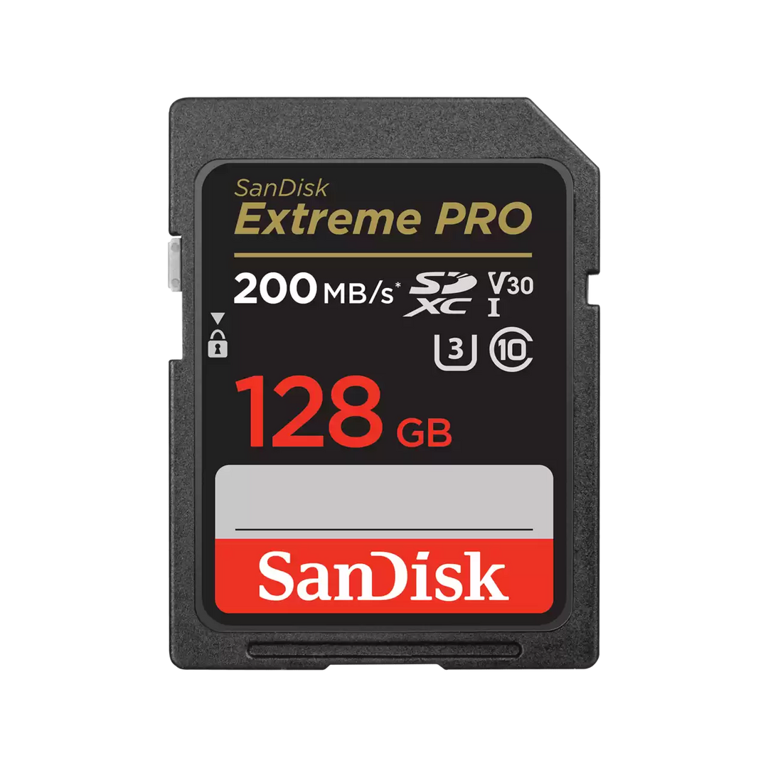 SanDisk Extreme Pro 128GB SD card on a white background