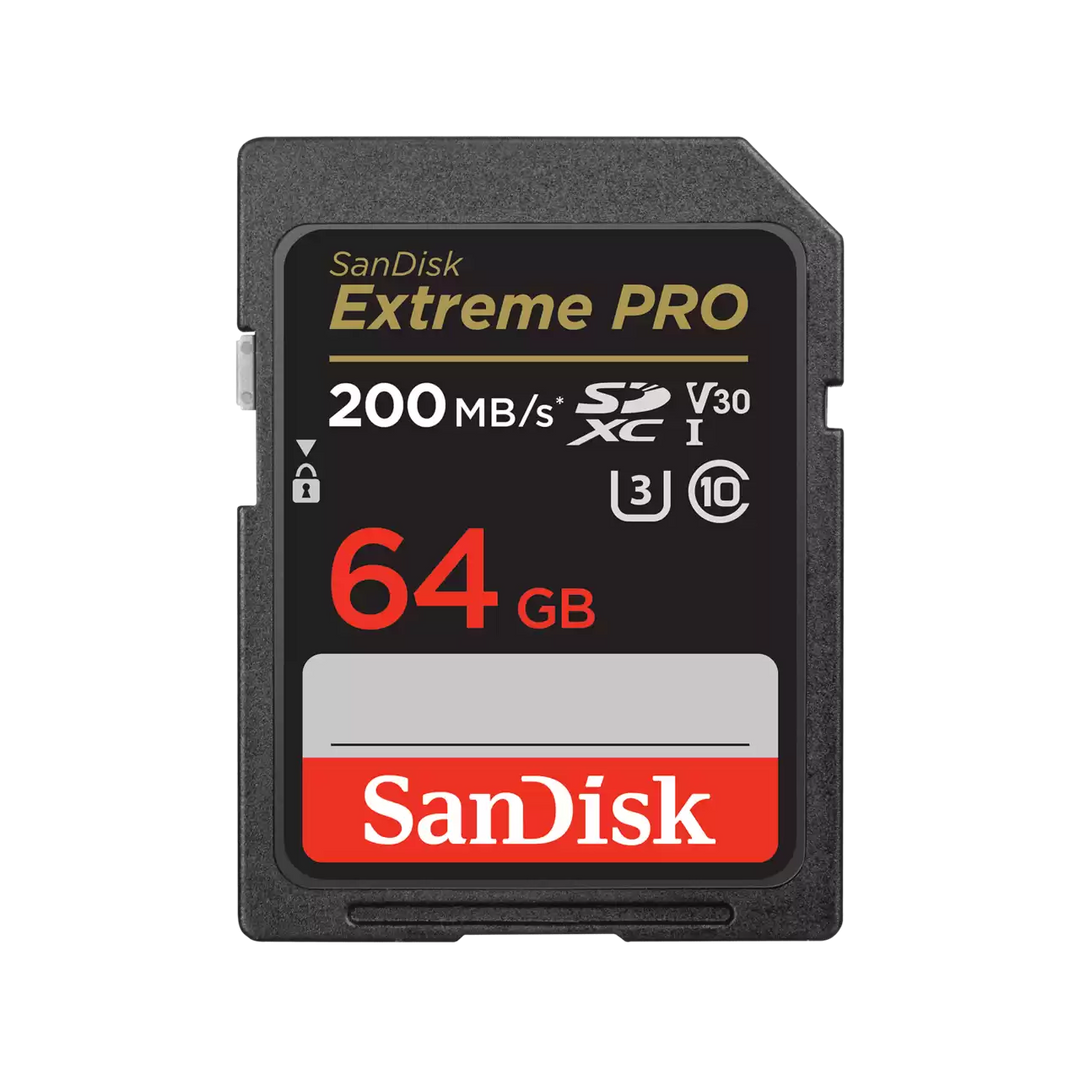 SanDisk Extreme Pro 64GB SD card on a white background