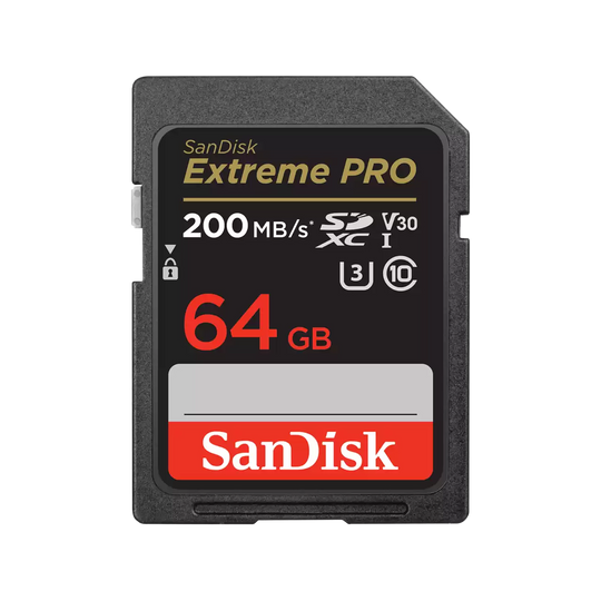 SanDisk Extreme Pro 64GB SD card on a white background