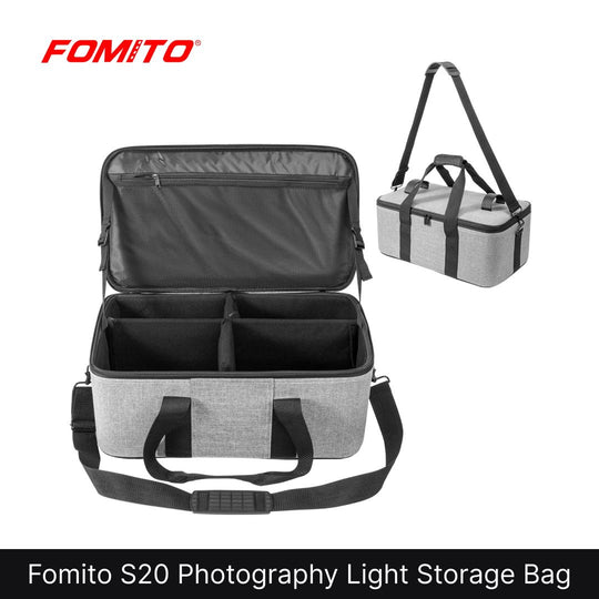 Gray photography light storage bag with black straps and open top on a white background, featuring Fomito branding.