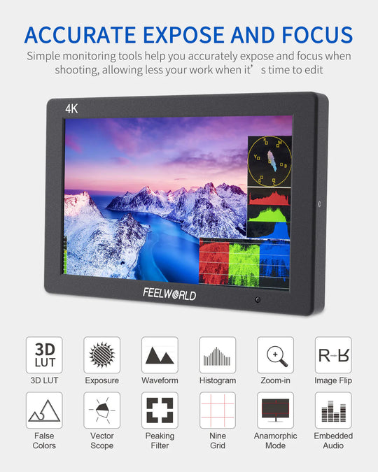 Feelworld monitor with screen displaying mountain landscape and various monitoring tools on a white background