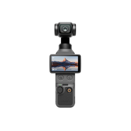 Handheld camera with screen displaying a mountain scene on a white background