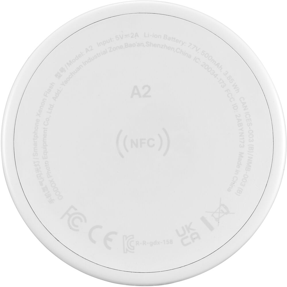 Rear view of Godox A2 smartphone flash displaying NFC logo, power ratings, and regulatory markings.